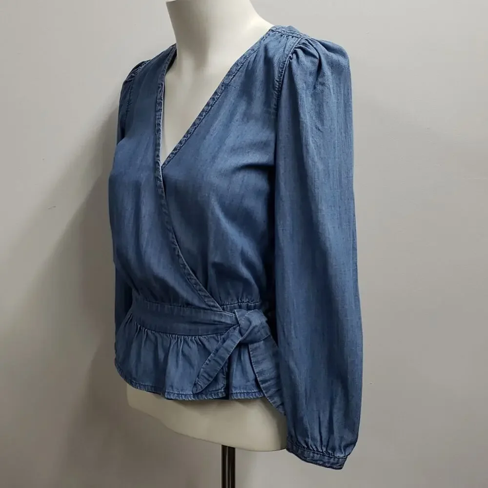 Denim Puff-Sleeve Peplum Wrap Top Women's XXS Ruffled Hem Cottagecore Prairie